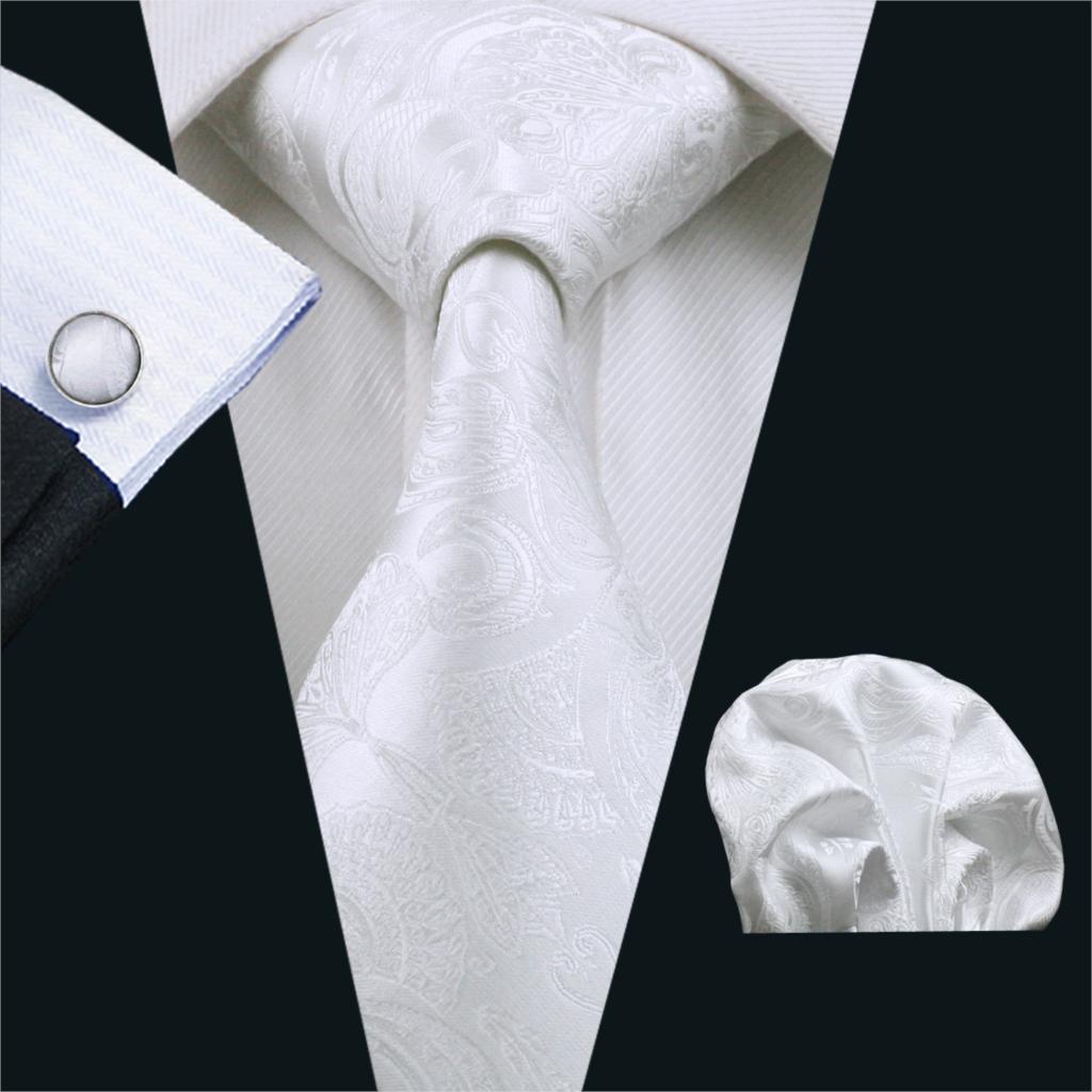 Cufflinks Silver Set - FA-393 hommes cravate blanc Paisley soie