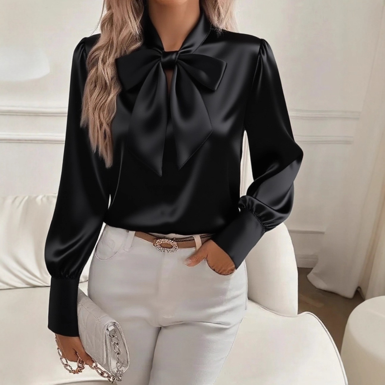Chemise élégante en satin à ma - Satin Bow Tie avis et prix